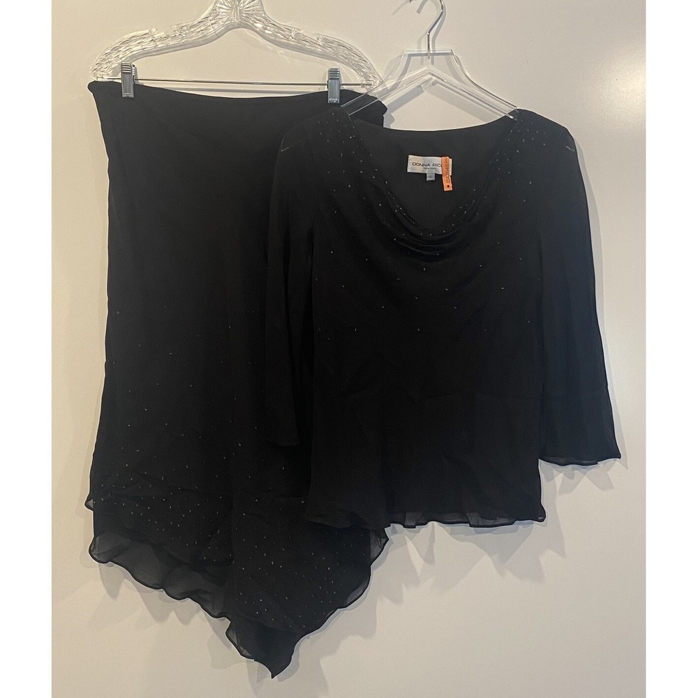 Donna Ricco New York‎ Black Beaded 2 Piece Skirt Set Cowl Neck Asymmetric Hem 10